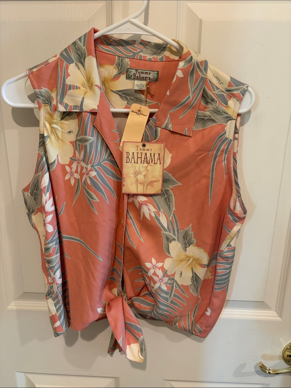 Tommy Bahama Coral Floral Tie-Front Sleeveless Blouse